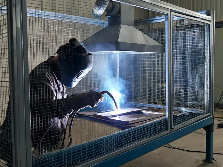 Welder producing a test coupon in a screened booth