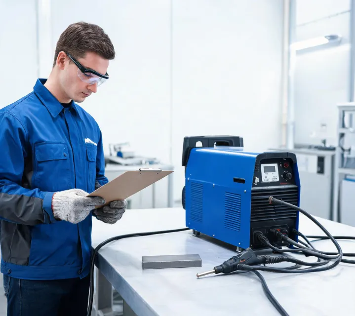 Application specialist reviewing a welding setup record