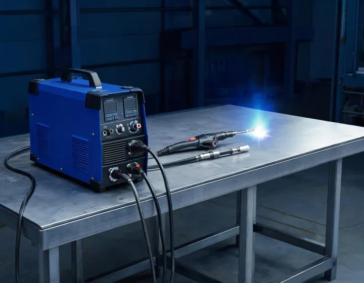 Miller Electric multiprocess welding machine beside a steel fabrication bench
