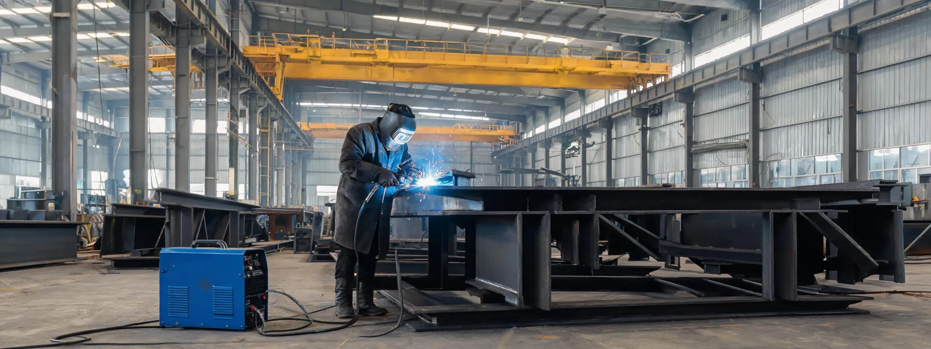 Welder joining a structural assembly in an industrial fabrication hall