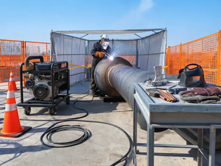 Pipeline welding spread in a controlled outdoor work area