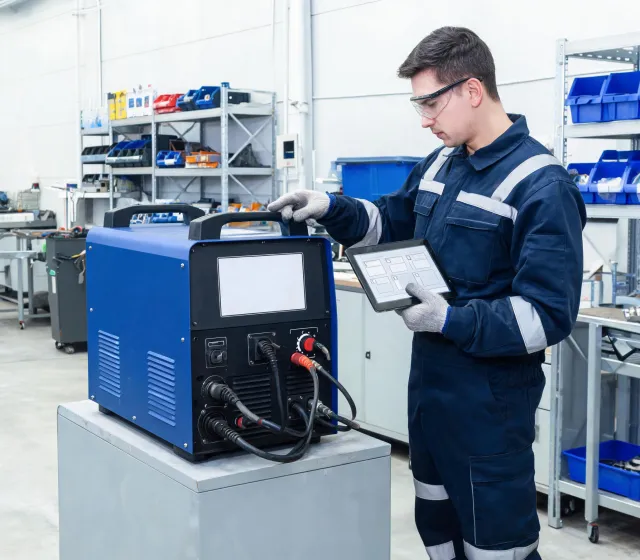 Technician documenting a welding power source for support